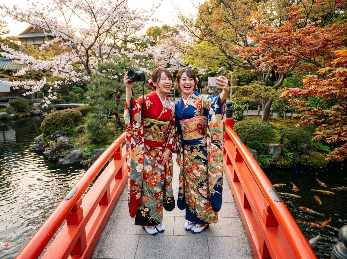 着物を着て街を散策する様子